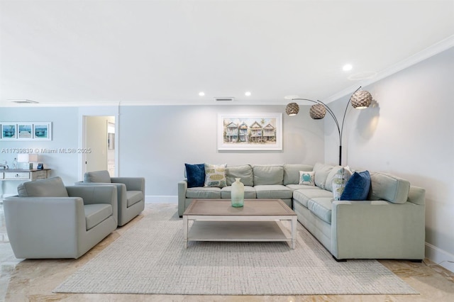 living room with recessed lighting, visible vents, baseboards, and ornamental molding