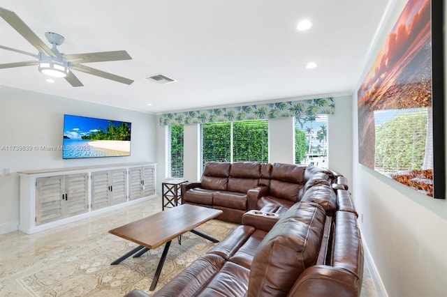 living area with baseboards, visible vents, ceiling fan, and recessed lighting