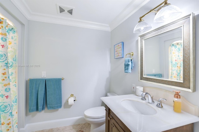 bathroom with baseboards, visible vents, toilet, crown molding, and vanity