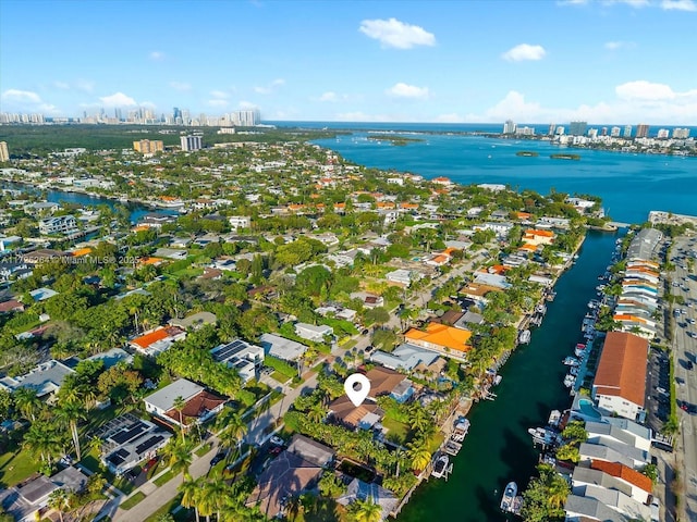 drone / aerial view featuring a water view
