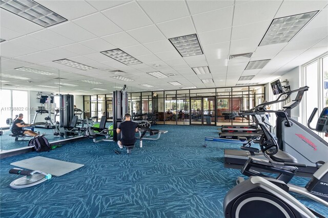 exercise room with carpet and a paneled ceiling