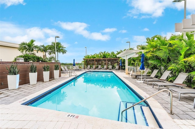 view of swimming pool featuring a patio area