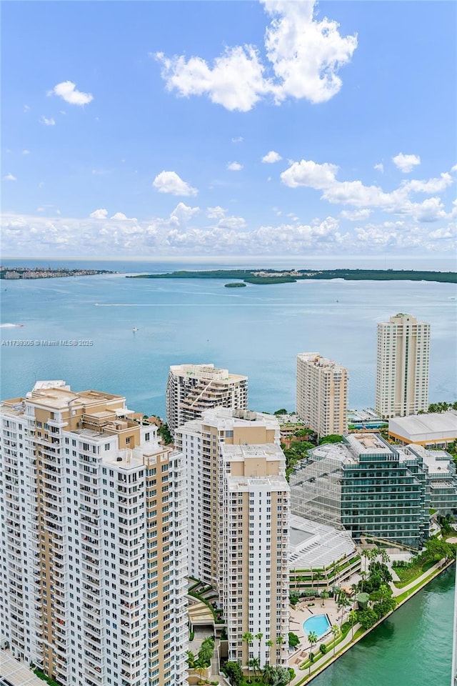 aerial view featuring a water view