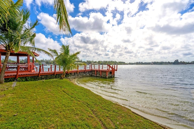 dock area with a water view and a yard