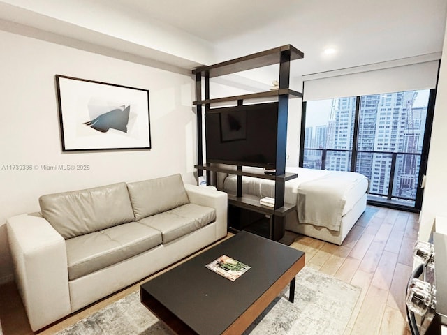 living room with light hardwood / wood-style flooring and a wall of windows