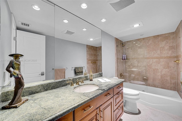 full bathroom featuring vanity, toilet, recessed lighting, and visible vents