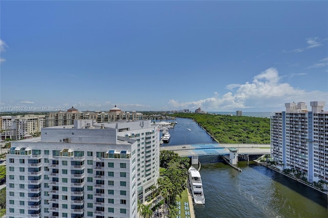 aerial view featuring a city view and a water view