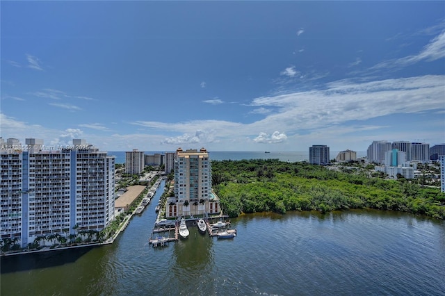 bird's eye view featuring a view of city and a water view