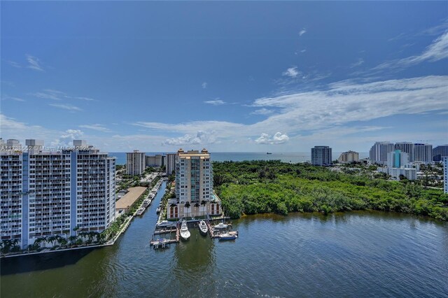 drone / aerial view with a water view