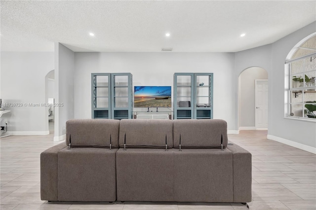 living room featuring a textured ceiling