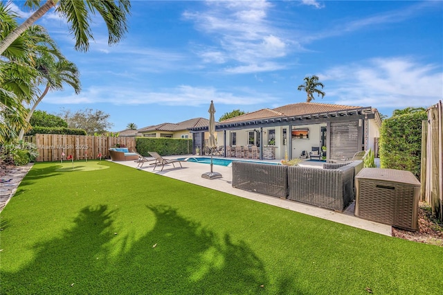 view of swimming pool with a pergola, an outdoor hangout area, a lawn, and a patio area