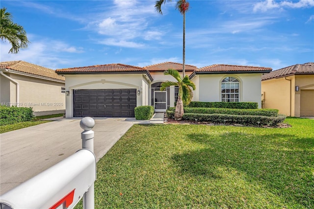 mediterranean / spanish house with a garage and a front lawn