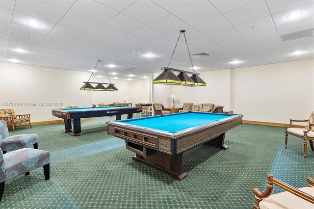 playroom featuring carpet flooring, a drop ceiling, and billiards