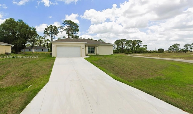 single story home with an attached garage, driveway, a front lawn, and stucco siding