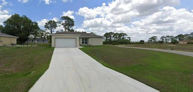 single story home featuring a garage, a front lawn, concrete driveway, and stucco siding