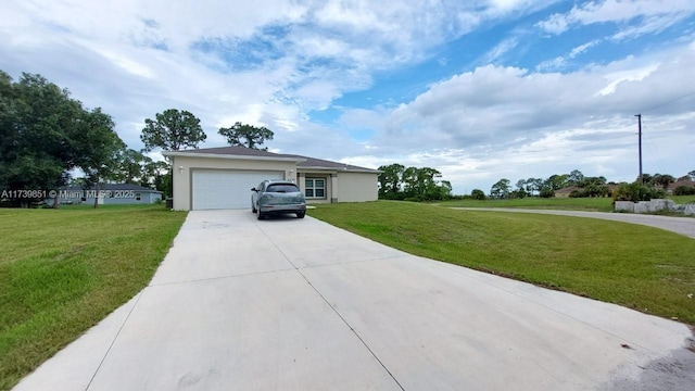 view of front of property featuring an attached garage, a front lawn, concrete driveway, and stucco siding