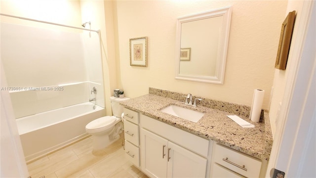 full bathroom featuring toilet, shower / tub combination, and vanity