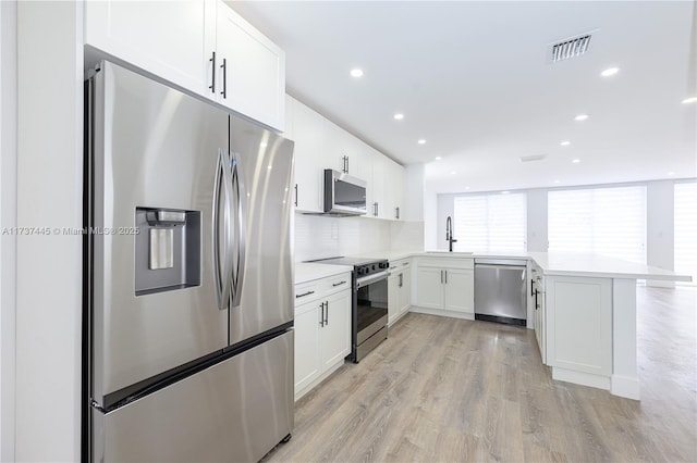 kitchen with appliances with stainless steel finishes, white cabinetry, sink, light hardwood / wood-style floors, and kitchen peninsula