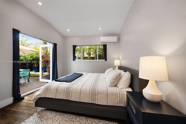 bedroom featuring dark hardwood / wood-style flooring, lofted ceiling, access to exterior, and a wall mounted AC