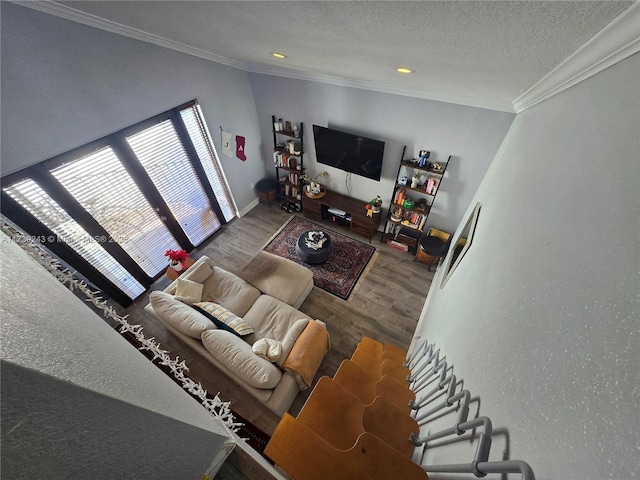 living room featuring crown molding, hardwood / wood-style flooring, and a textured ceiling