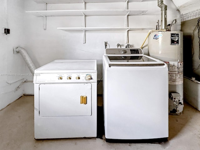 laundry area featuring water heater and washing machine and dryer