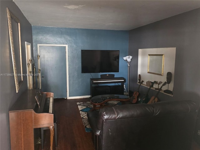 living room with dark hardwood / wood-style flooring