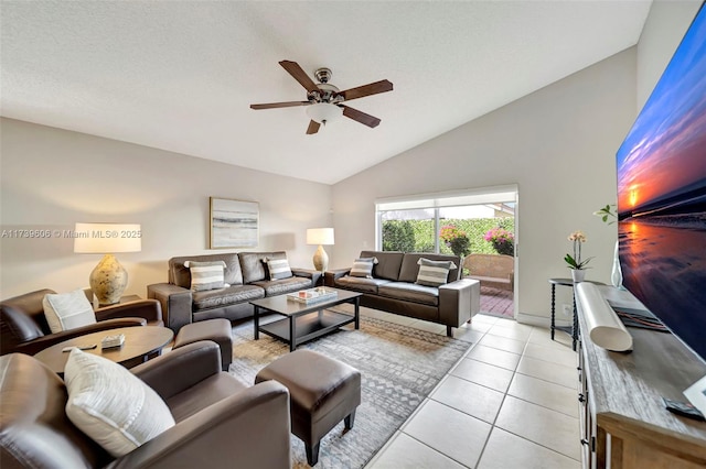 tiled living room featuring a textured ceiling, vaulted ceiling, and ceiling fan