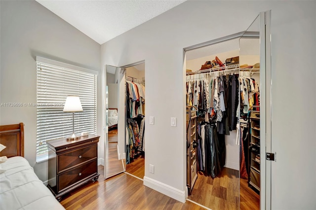 bedroom featuring a closet, lofted ceiling, a spacious closet, and wood-type flooring