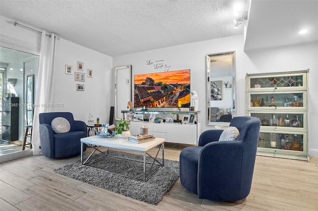 living room featuring hardwood / wood-style flooring and a textured ceiling