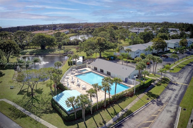 bird's eye view with a water view