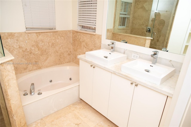 bathroom with vanity and plus walk in shower