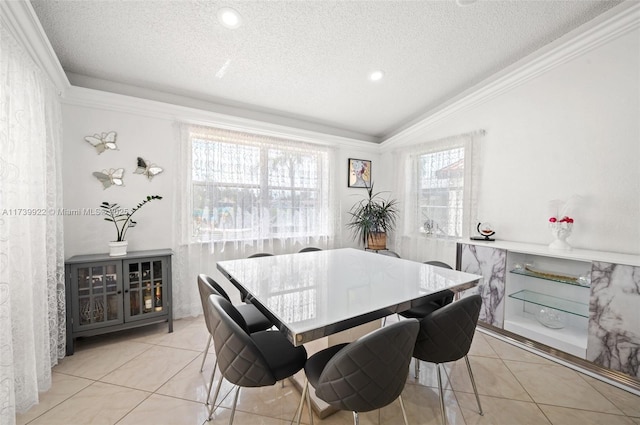 tiled dining area featuring crown molding, a textured ceiling, and lofted ceiling