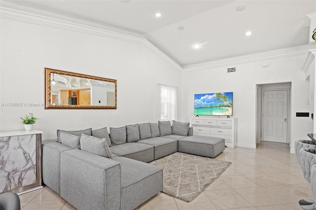 living room with lofted ceiling and crown molding