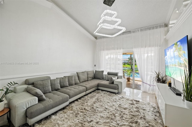 tiled living room featuring a chandelier, crown molding, and a textured ceiling