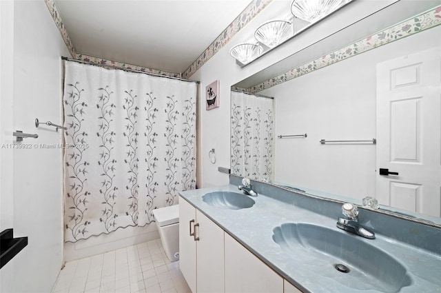 full bathroom with tile patterned flooring, toilet, vanity, and shower / bathtub combination with curtain