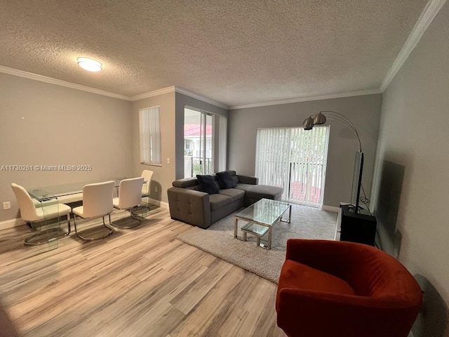 living room with light hardwood / wood-style flooring, ornamental molding, and a textured ceiling