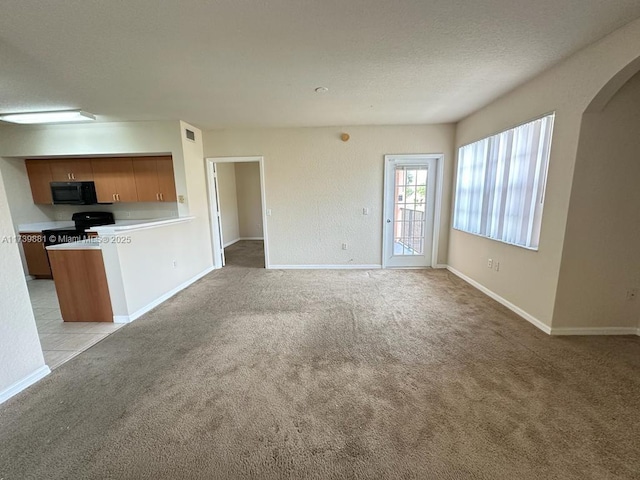 unfurnished living room with light carpet and a textured ceiling