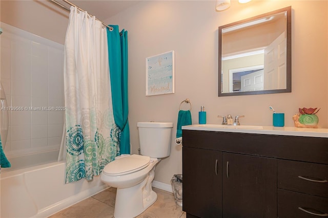 full bathroom featuring shower / tub combo with curtain, tile patterned floors, toilet, and vanity