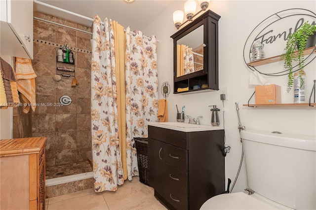 bathroom with vanity, curtained shower, tile patterned floors, and toilet