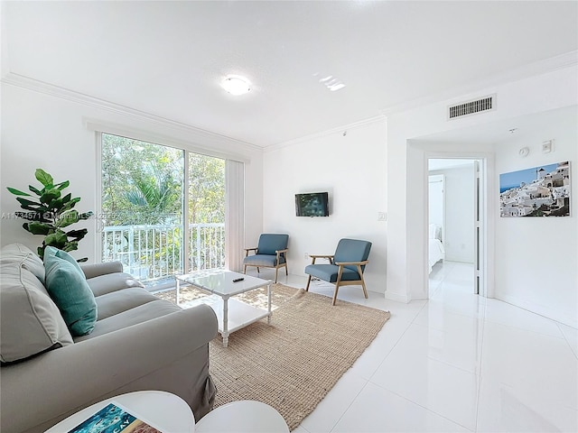 tiled living room with ornamental molding