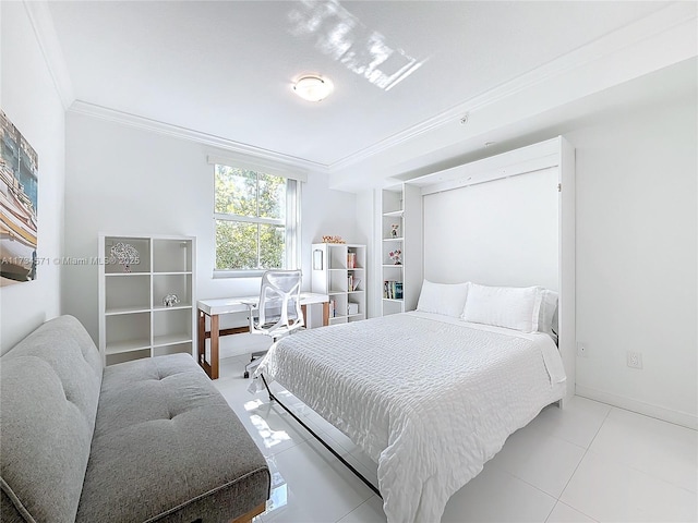 bedroom with light tile patterned floors and ornamental molding