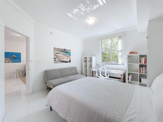 bedroom with light tile patterned floors and ornamental molding