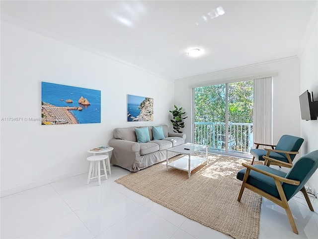 tiled living room with crown molding