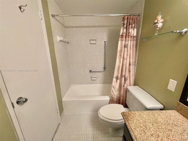 full bathroom with tile patterned flooring, vanity, shower / tub combo with curtain, and toilet