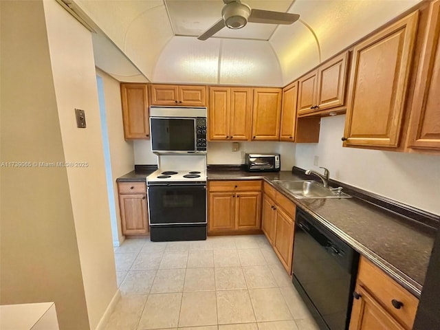 kitchen featuring sink, light tile patterned floors, electric range, black dishwasher, and ceiling fan