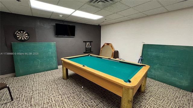 recreation room with a drop ceiling and billiards