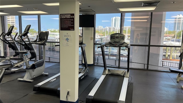 exercise room featuring a wall of windows