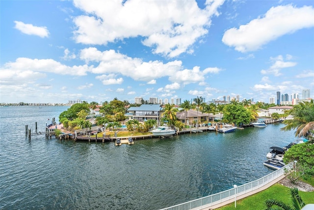 view of water feature with a boat dock