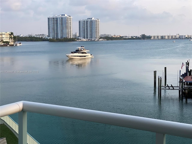 property view of water with a boat dock and a city view