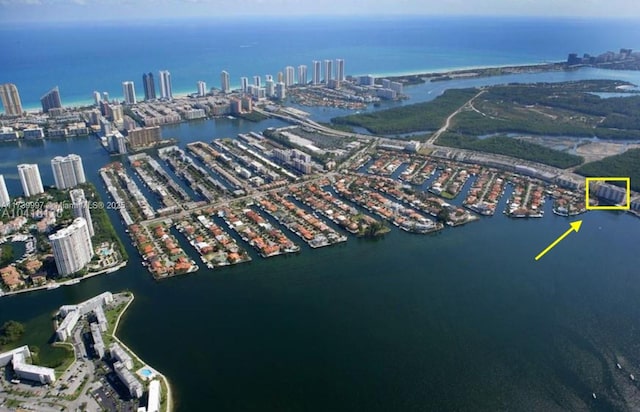 birds eye view of property with a water view and a city view